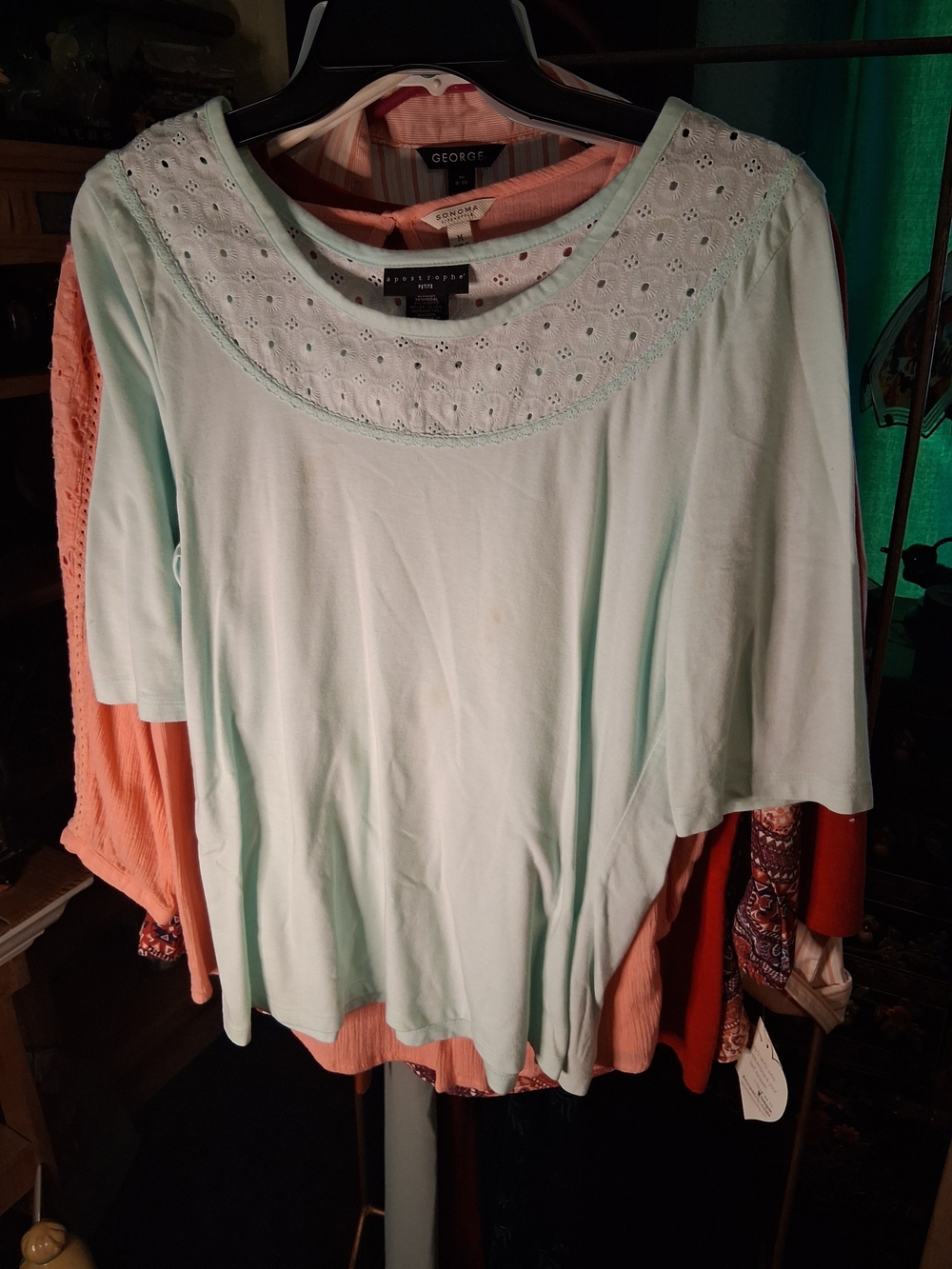 Apostrophe Mint Eyelet Scoop Neck Short Sleeve Top